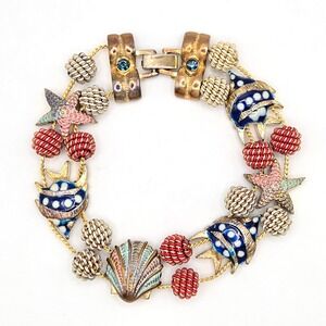 Enamel Fish Shell Starfish Sea Life Slide Charm Bracelet Gold Blue‎ Red White